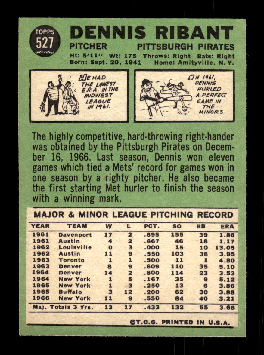 1967 Topps #527 Dennis Ribant PACK FRESH HOF10010538