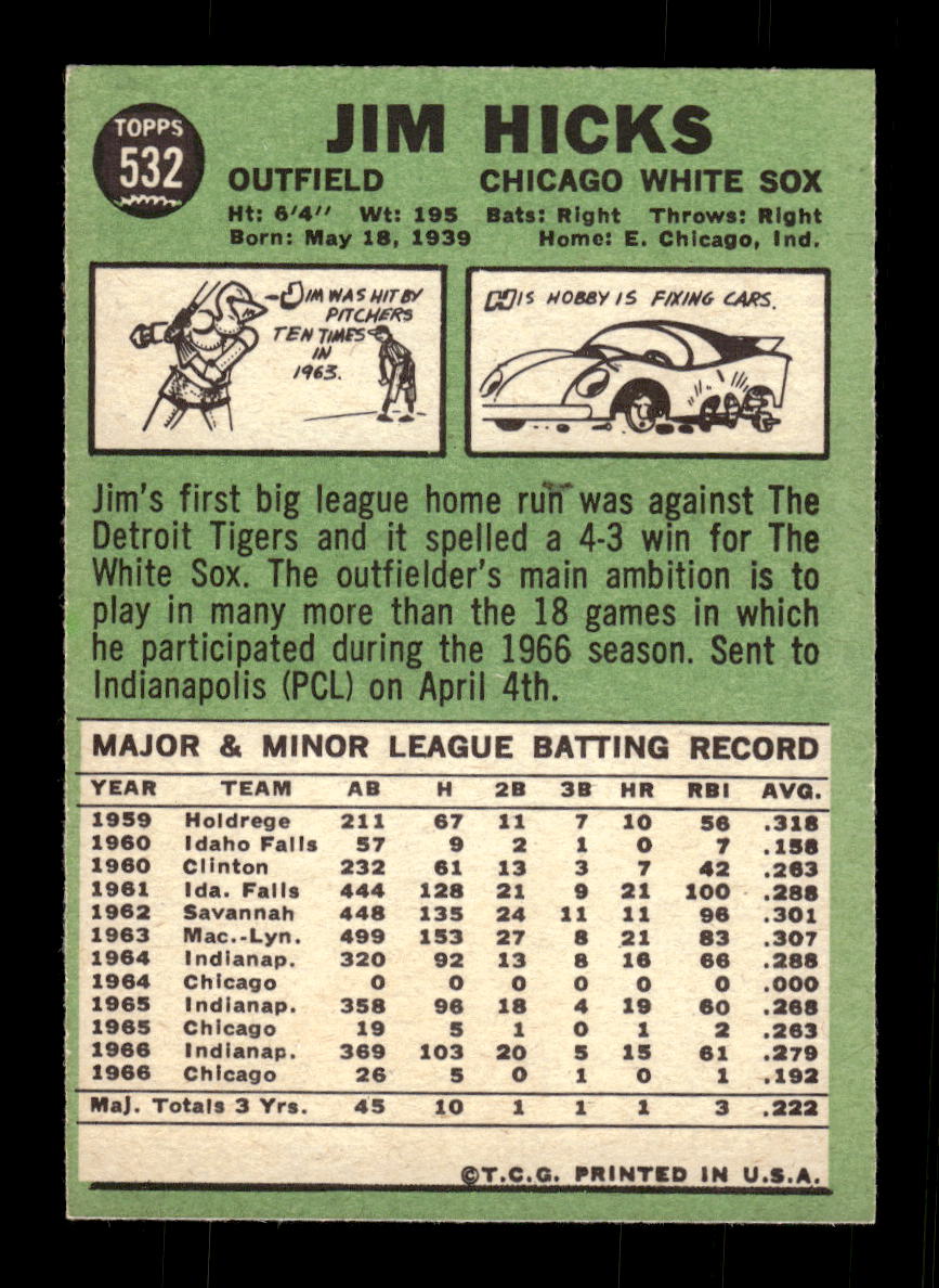 1967 Topps #532 Jim Hicks PACK FRESH HOF10010542