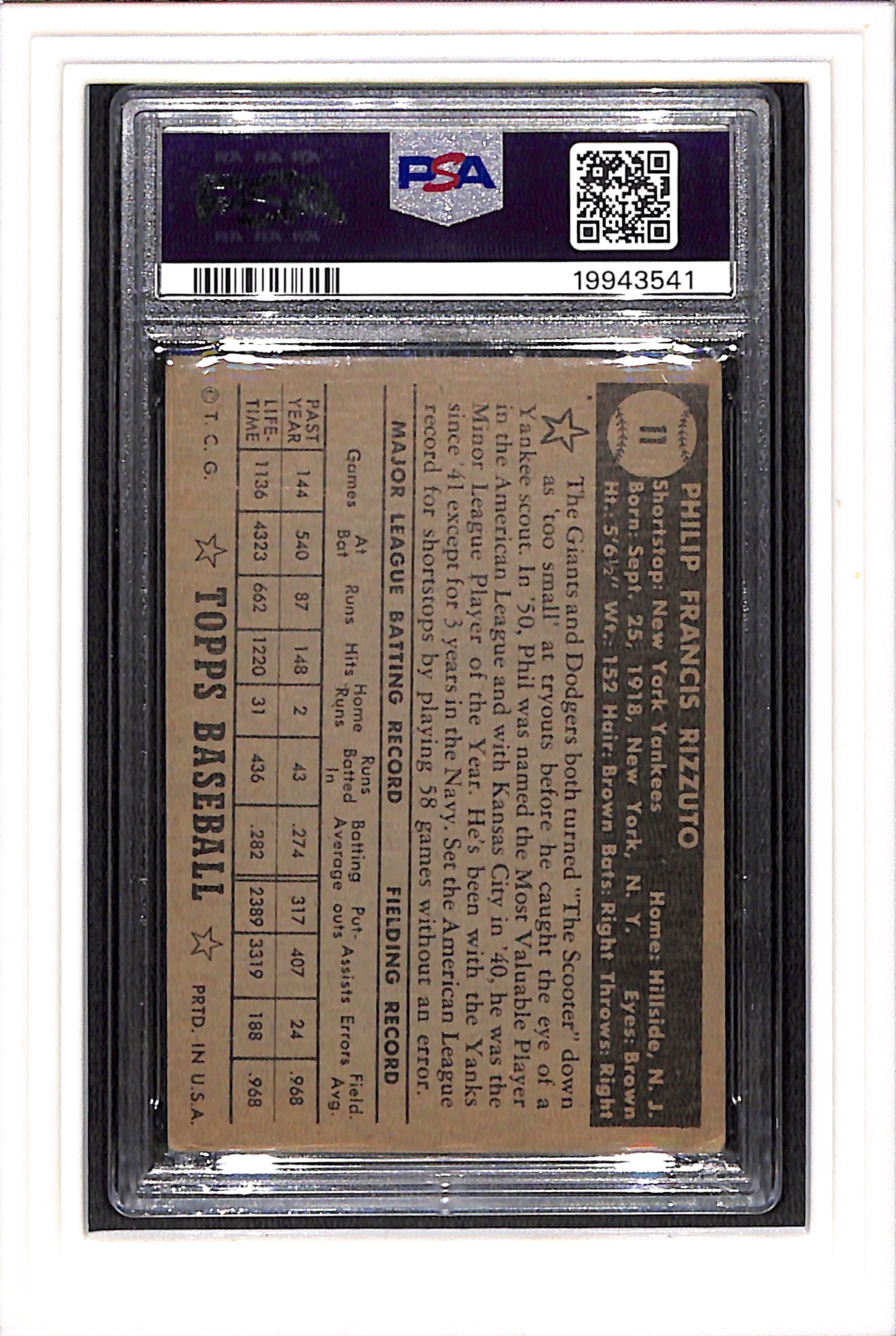 1952 Topps #11 Phil Rizzuto Black Back PSA 4 SN 19943541