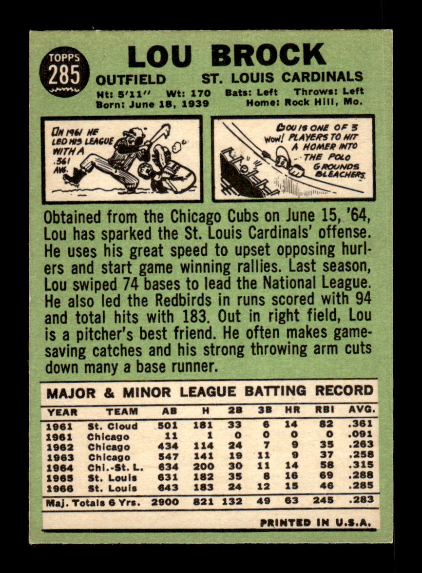 1967 Topps #285 Lou Brock St. Louis Cardinals EX HOF10010627
