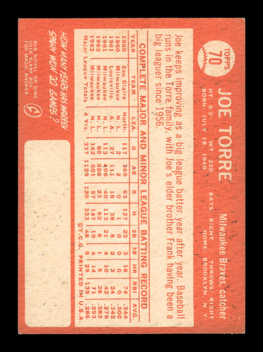 1964 Topps #70 Joe Torre Milwaukee Braves EX HOF10010631