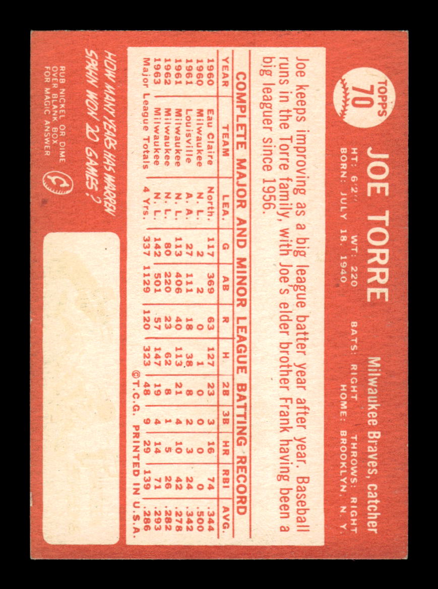 1964 Topps #70 Joe Torre Milwaukee Braves EXMT HOF10010632