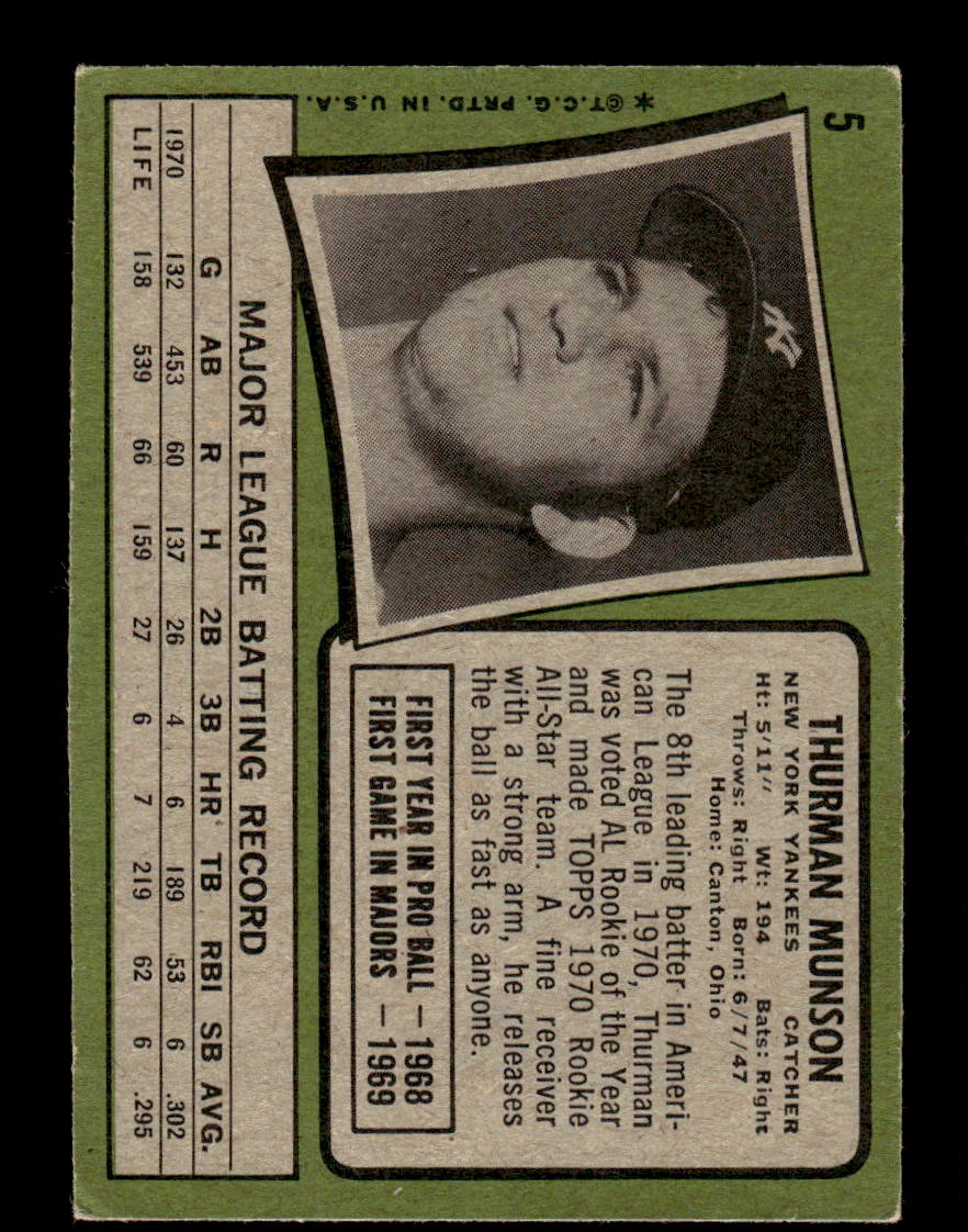 1971 Topps #5 Thurman Munson New York Yankees VG HOF10010637