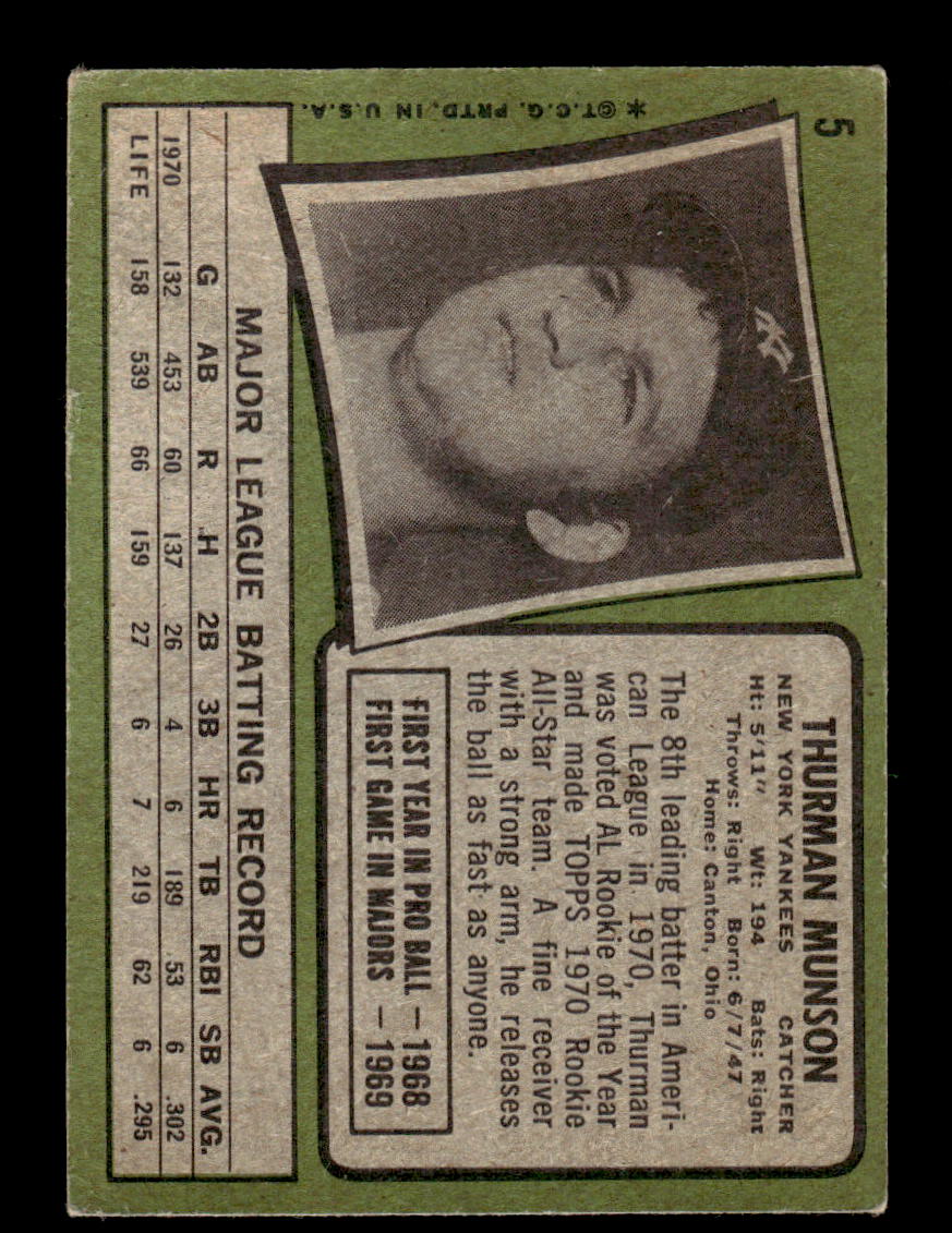 1971 Topps #5 Thurman Munson New York Yankees VG HOF10010638