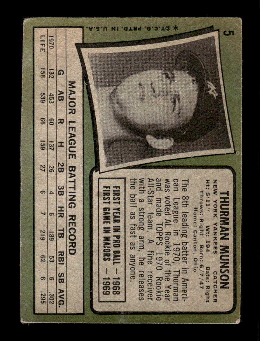 1971 Topps #5 Thurman Munson New York Yankees VG HOF10010639
