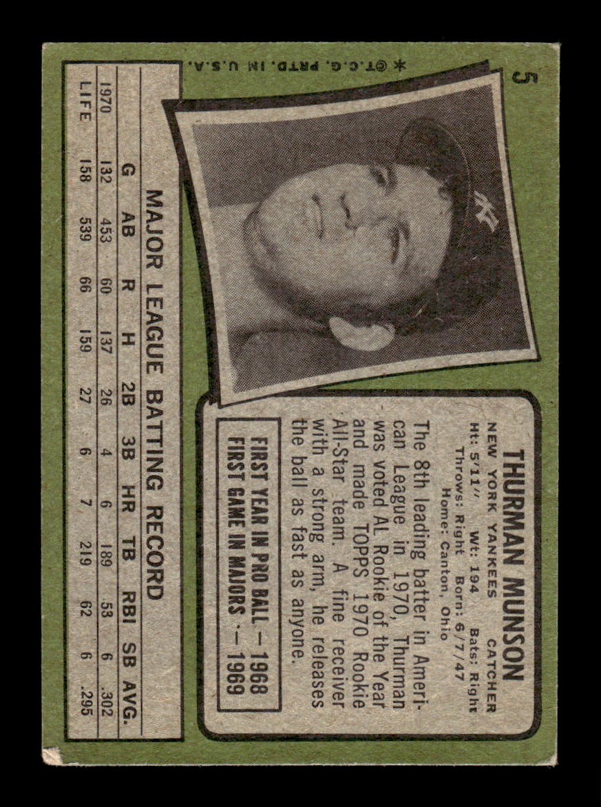 1971 Topps #5 Thurman Munson New York Yankees VG HOF10010640