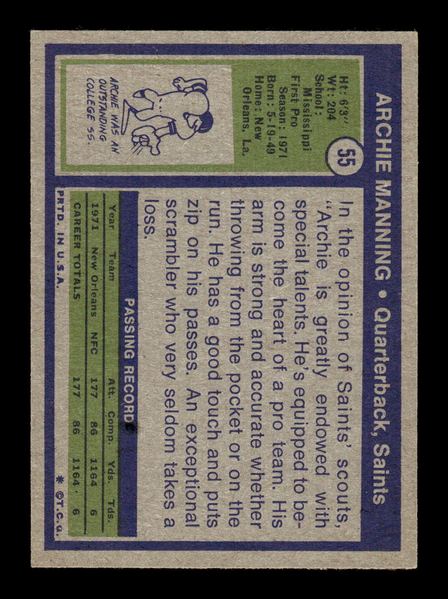1972 Topps #55 Archie Manning New Orleans Saints EXMT HOF10010661