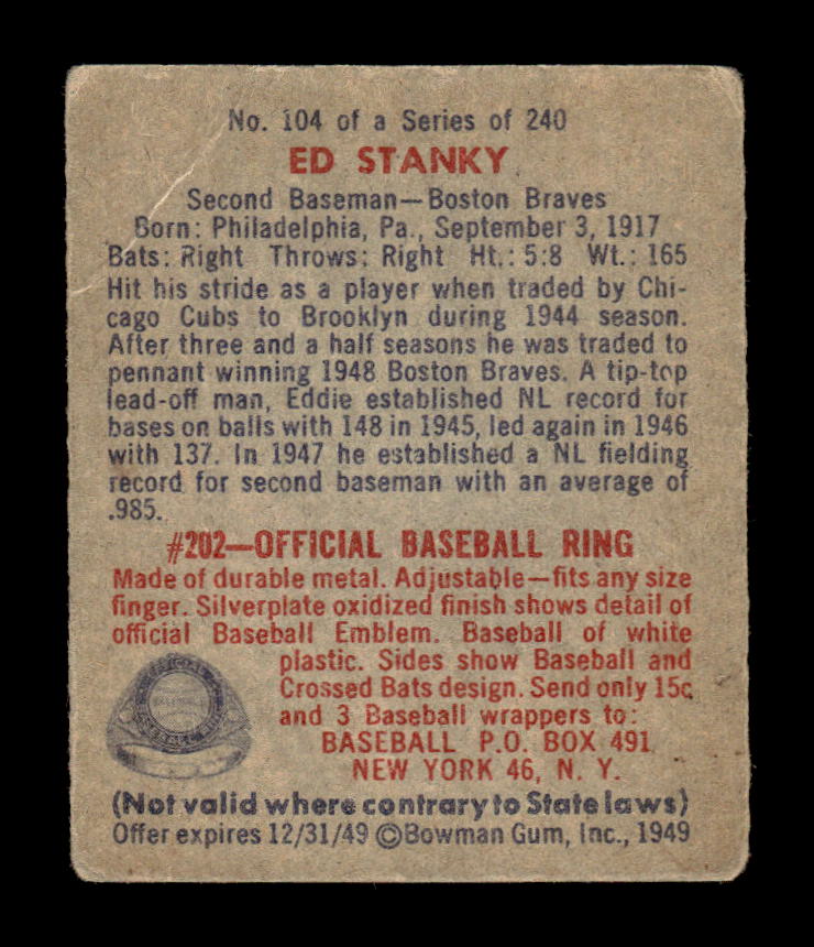 1949 Bowman #104 Ed Stanky Boston Braves G/VG HOF10010670