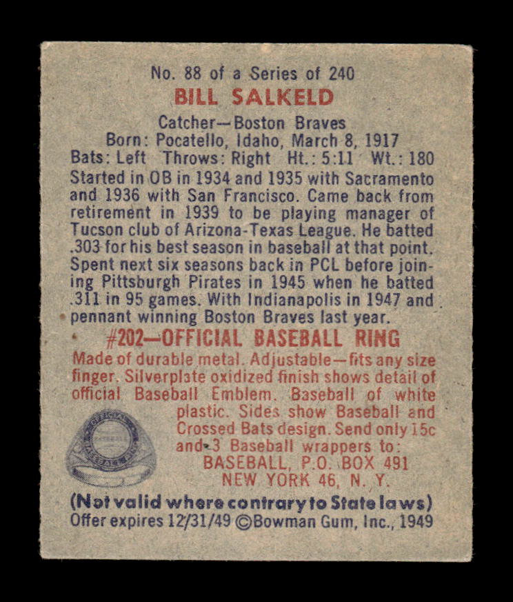 1949 Bowman #88a Bill Salkeld Boston Braves VGEX HOF10010677