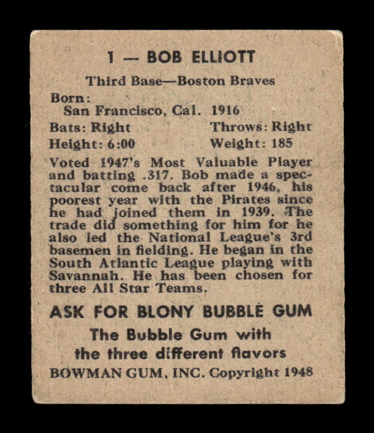 1948 Bowman #1 Bob Elliott Boston Braves VGEX HOF10010681