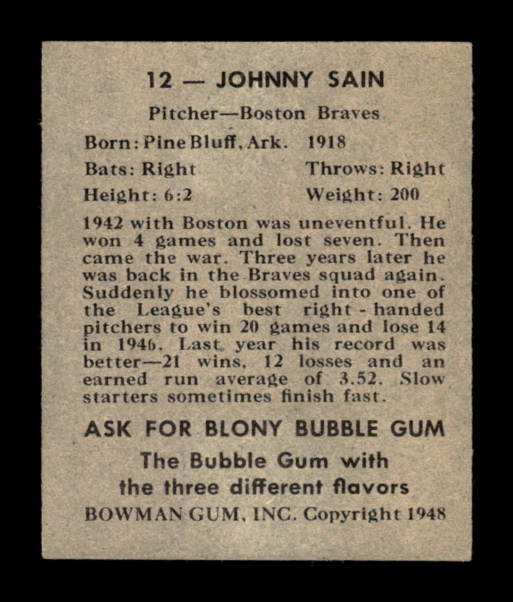 1948 Bowman #12 Johnny Sain Boston Braves EX HOF10010682