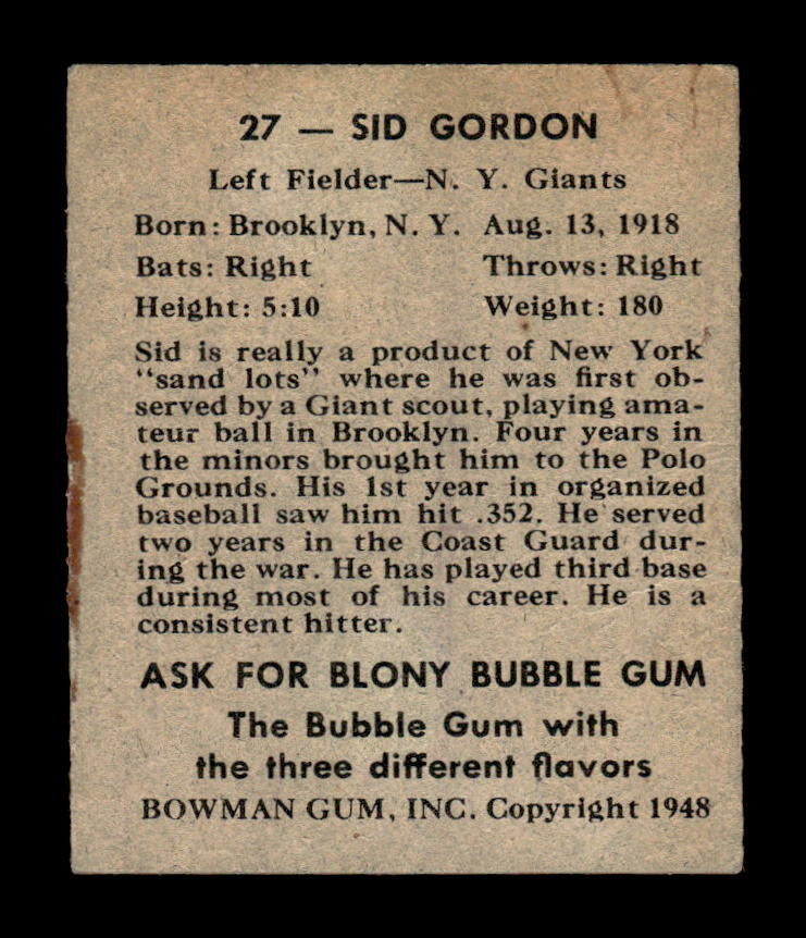 1948 Bowman #27 Sid Gordon New York Giants G/VG HOF10010684