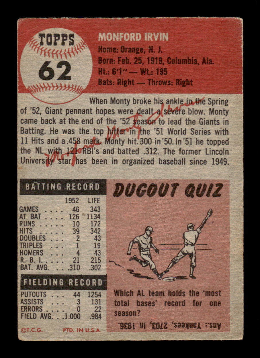 1953 Topps #62 Monte Irvin New York Giants VG HOF10010700