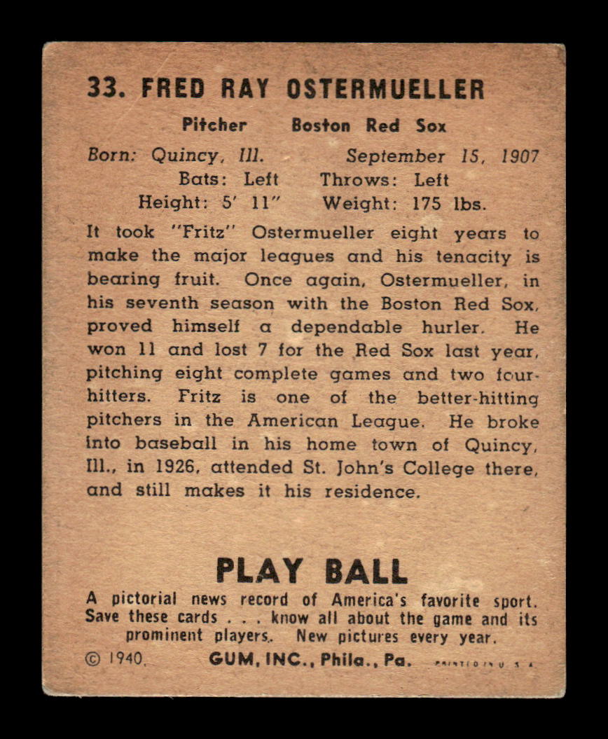 1940 Play Ball #33 Fritz Ostermueller Boston Red Sox VG HOF10010705
