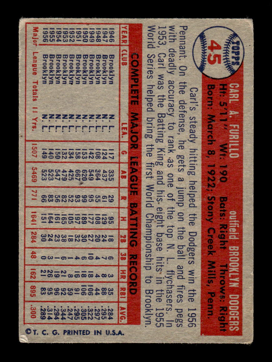 1957 Topps #45 Carl Furillo Brooklyn Dodgers VG HOF10010715