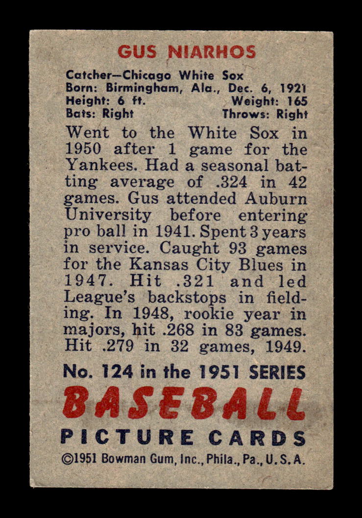 1951 Bowman #124 Gus Niarhos Chicago White Sox G/VG HOF10010717