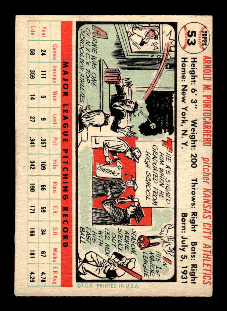 1956 Topps #53a Arnold Portocarrero Kansas City Athletics VGEX HOF10010730