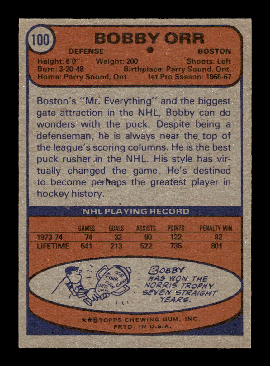1974-75 Topps #100 Bobby Orr Boston Bruins EX HOF10010735