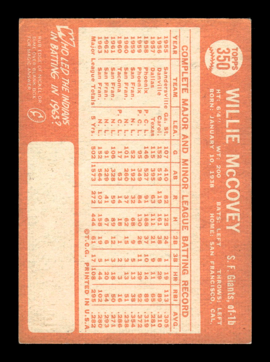 1964 Topps #350 Willie McCovey San Francisco Giants VGEX HOF10010746