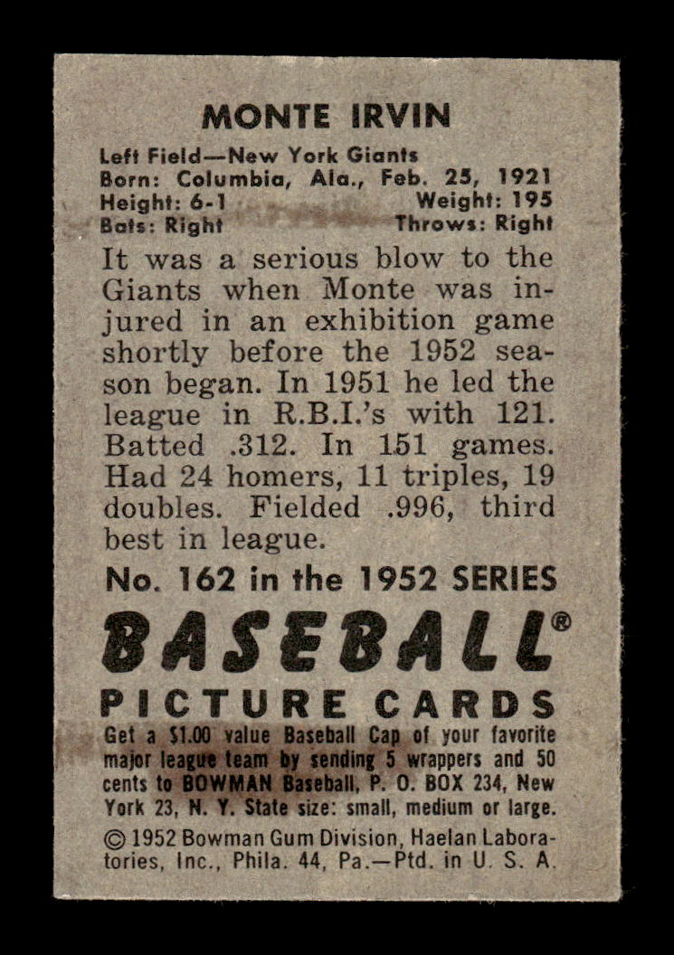 1952 Bowman #162 Monte Irvin New York Giants VGEX HOF10010747