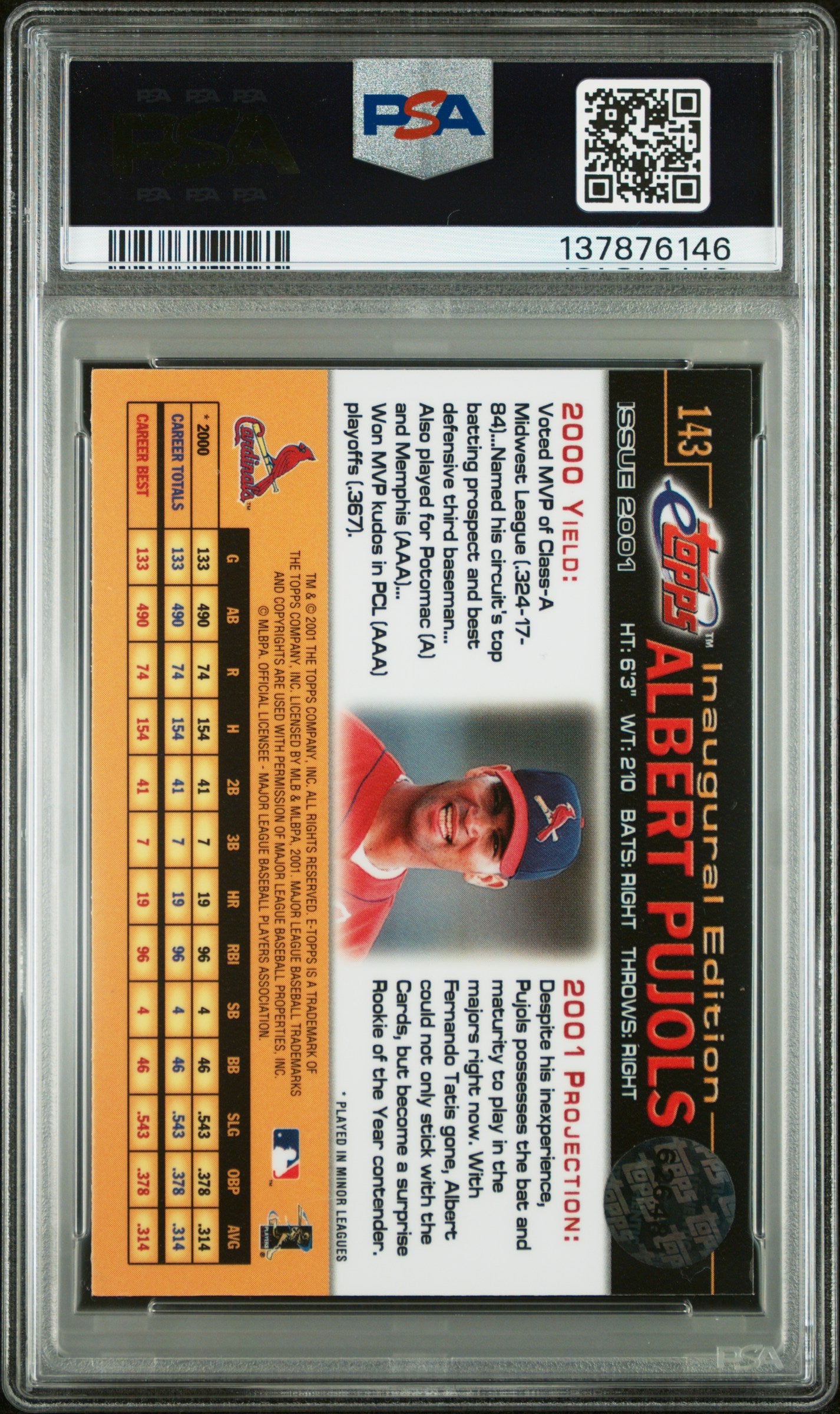 2001 Etopps #143 Albert Pujols RC PSA 8 SN 137876146