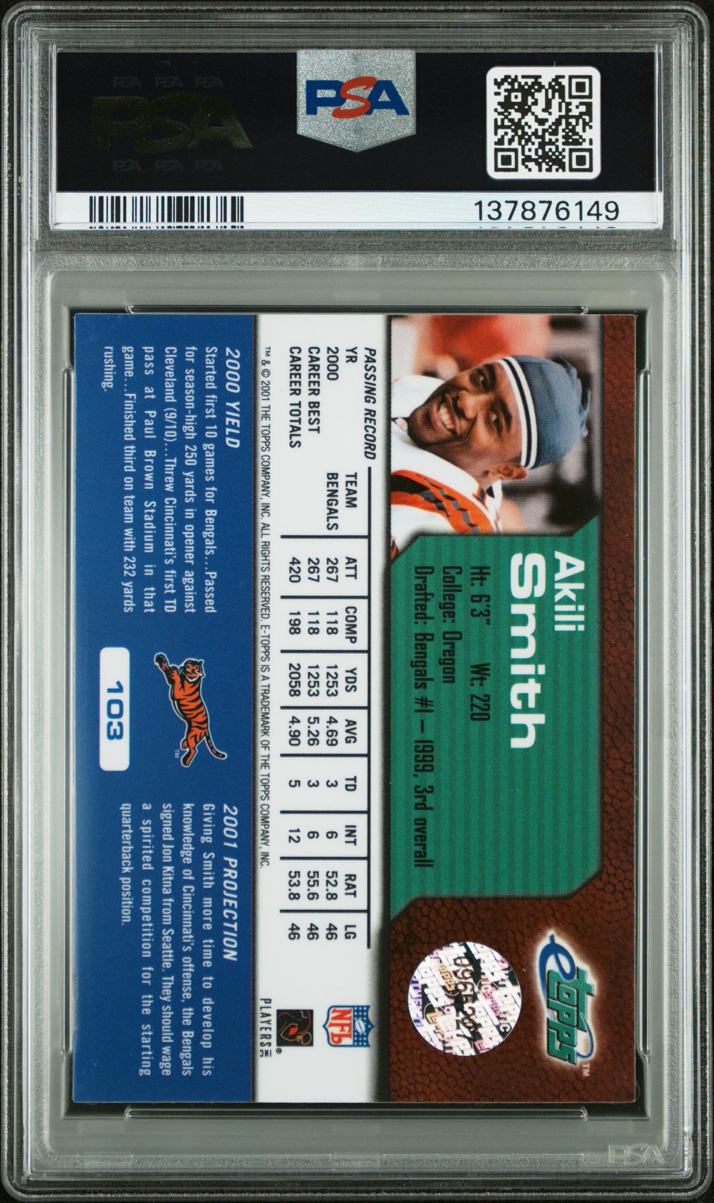 2001 Etopps #103 202 Print run Akili Smith PSA 9 SN 137876149