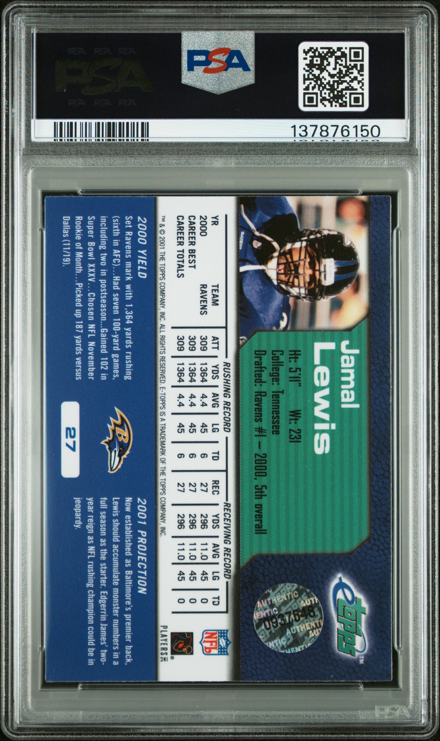 2001 Etopps #27 Jamal Lewis 237 Print run PSA 8 SN 137876150