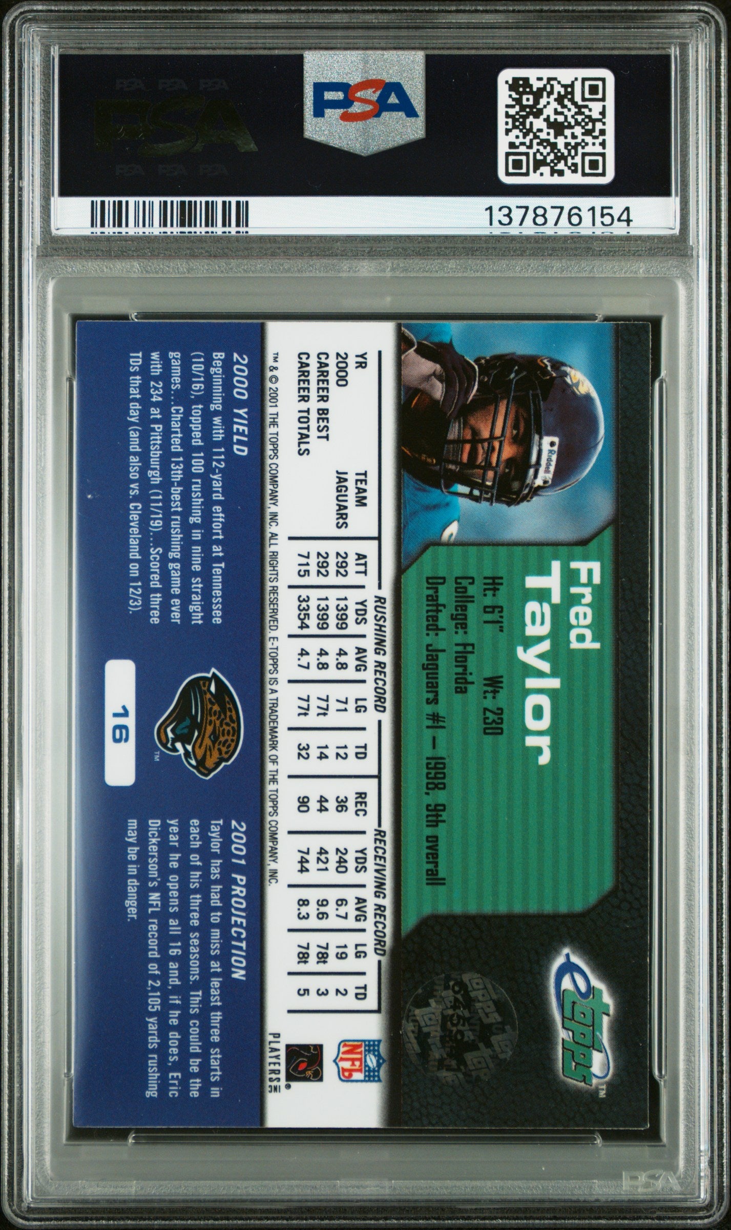 2001 Etopps #16 Fred Taylor 283 Print run PSA 9 SN 137876154