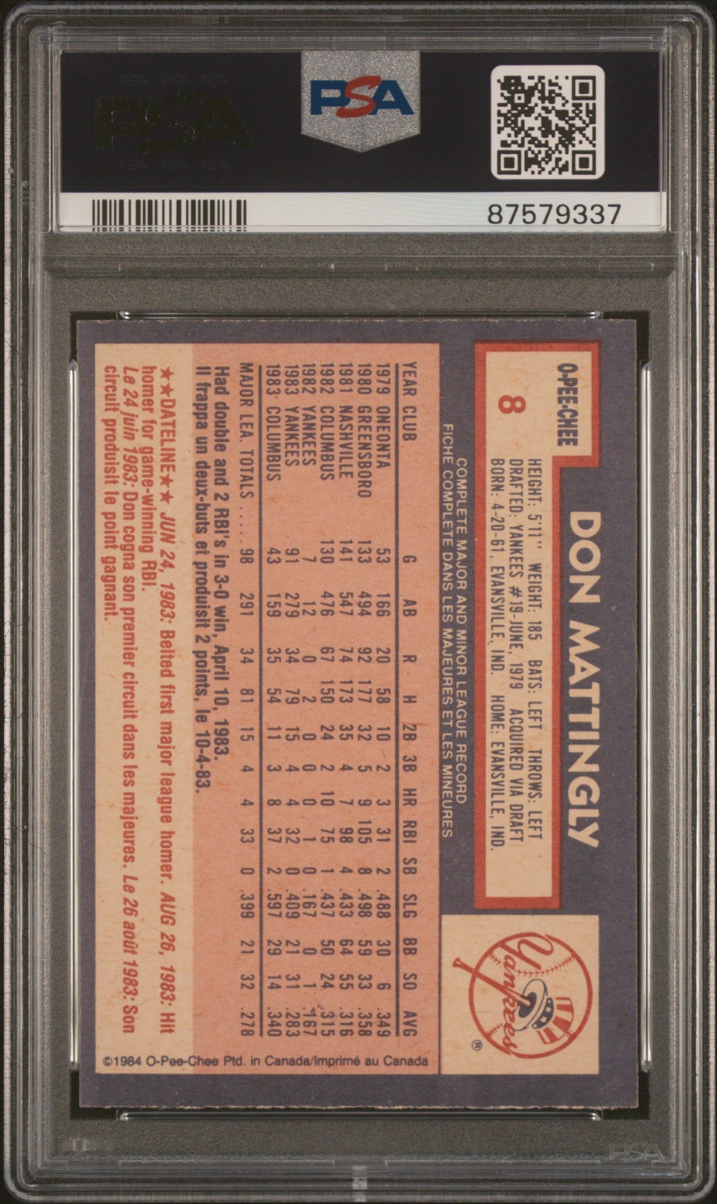 1984 O-Pee-Chee #8 Don Mattingly PSA 8 SN 87579337