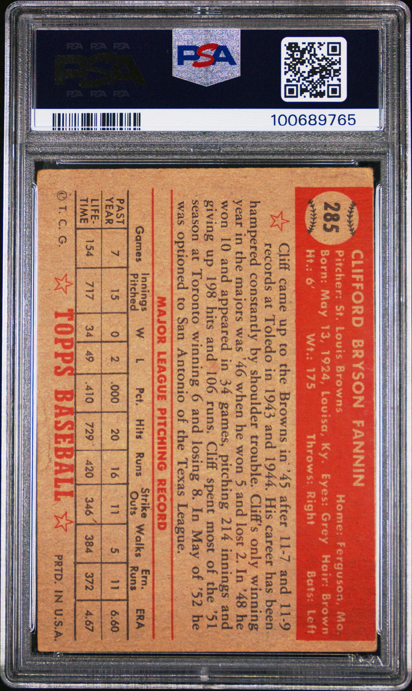 1952 Topps #285 Cliff Fannin PSA 3 SN 100689765