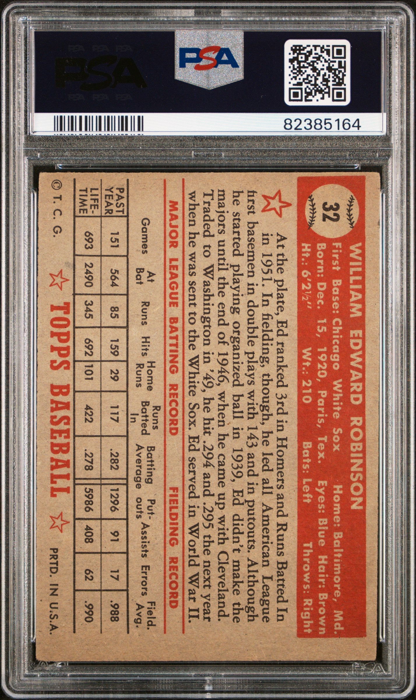 1952 Topps #32 Eddie Robinson PSA 3 SN 82385164