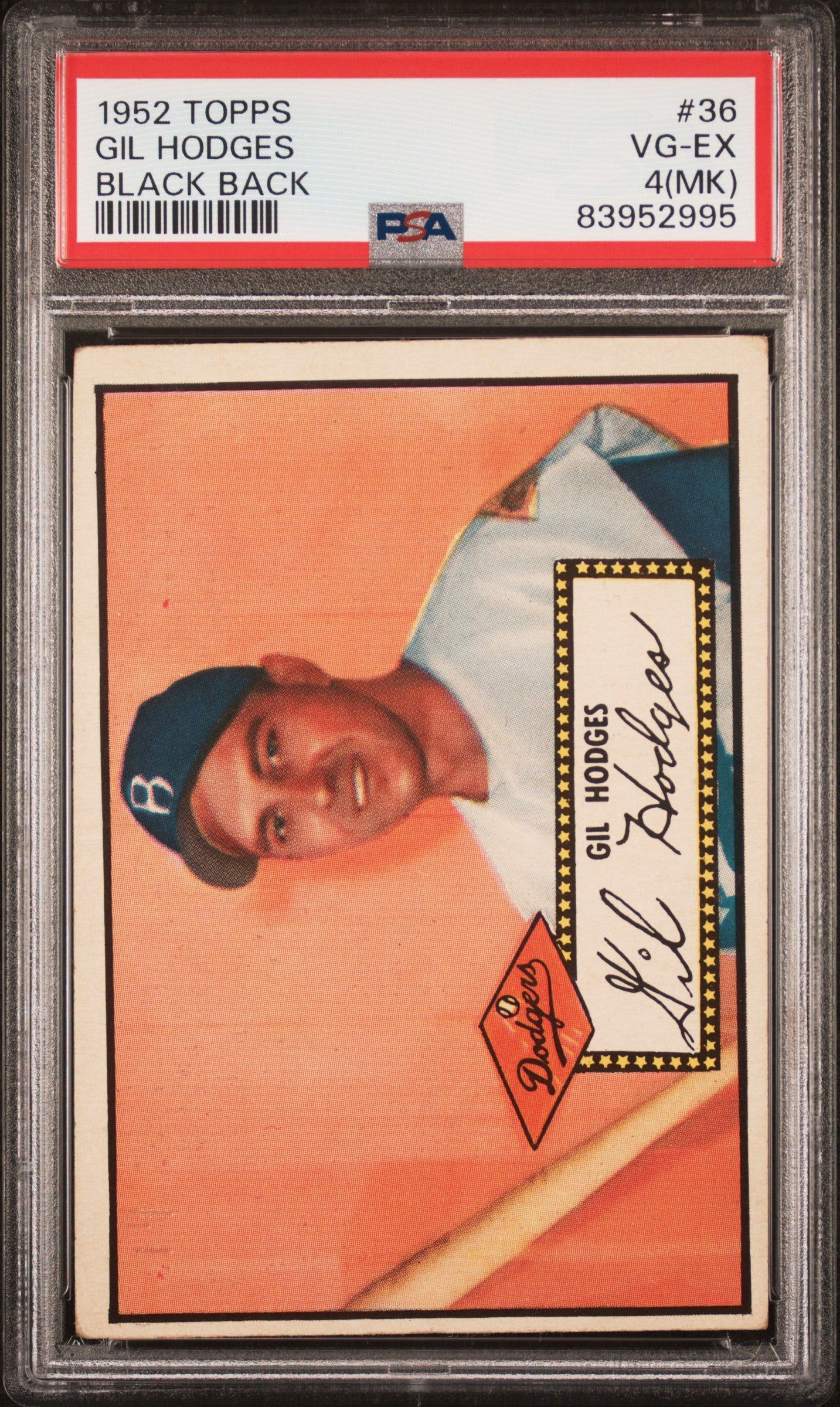 1952 Topps #36 Gil Hodges Black Back PSA 4 SN 83952995