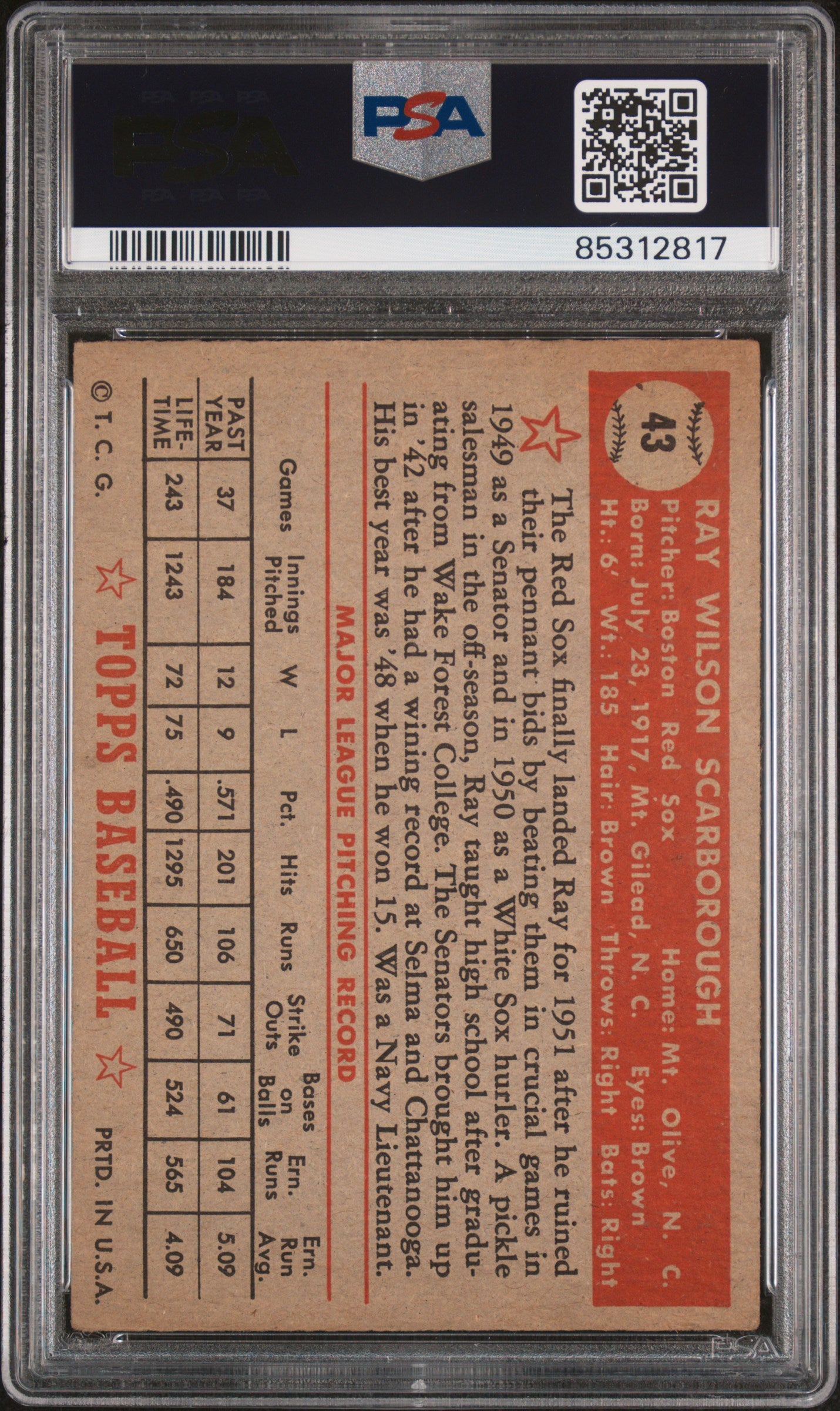 1952 Topps #43 Ray Scarborough PSA 3 SN 85312817