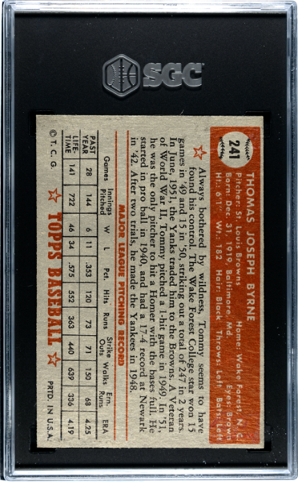 1952 Topps #241 Tommy Byrne SGC 4 SN 0059571