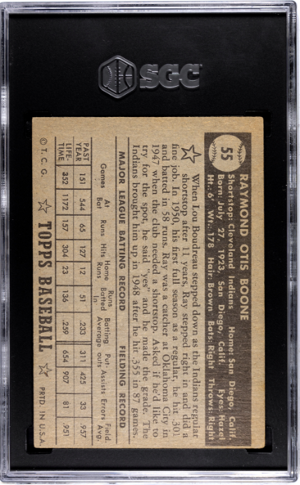 1952 Topps #55 Ray Boone Black Back SGC 4 SN 1145699
