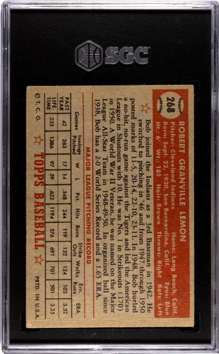 1952 Topps #268 Bob Lemon SGC 3 SN 3684239