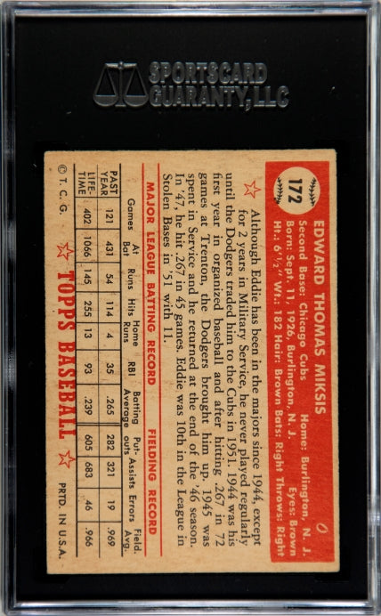 1952 Topps #172 Eddie Miksis SGC 4 SN 4821168