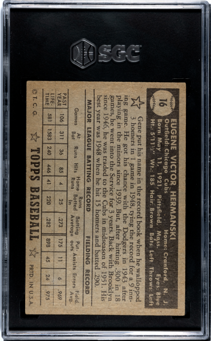 1952 Topps #16 Gene Hermanski Black Back SGC 4 SN 6392754