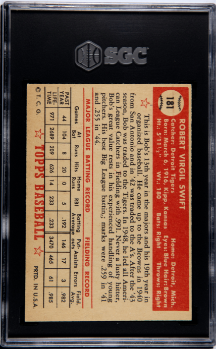 1952 Topps #181 Bob Swift SGC 4.5 SN 6598980