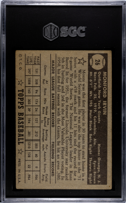 1952 Topps #26 Monte Irvin Black Back SGC 3.5 SN 7068632