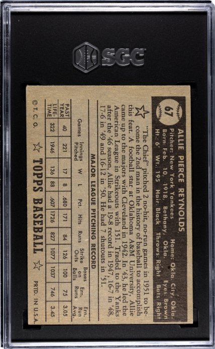 1952 Topps #67 Allie Reynolds Black Back SGC 3.5 SN 9790078