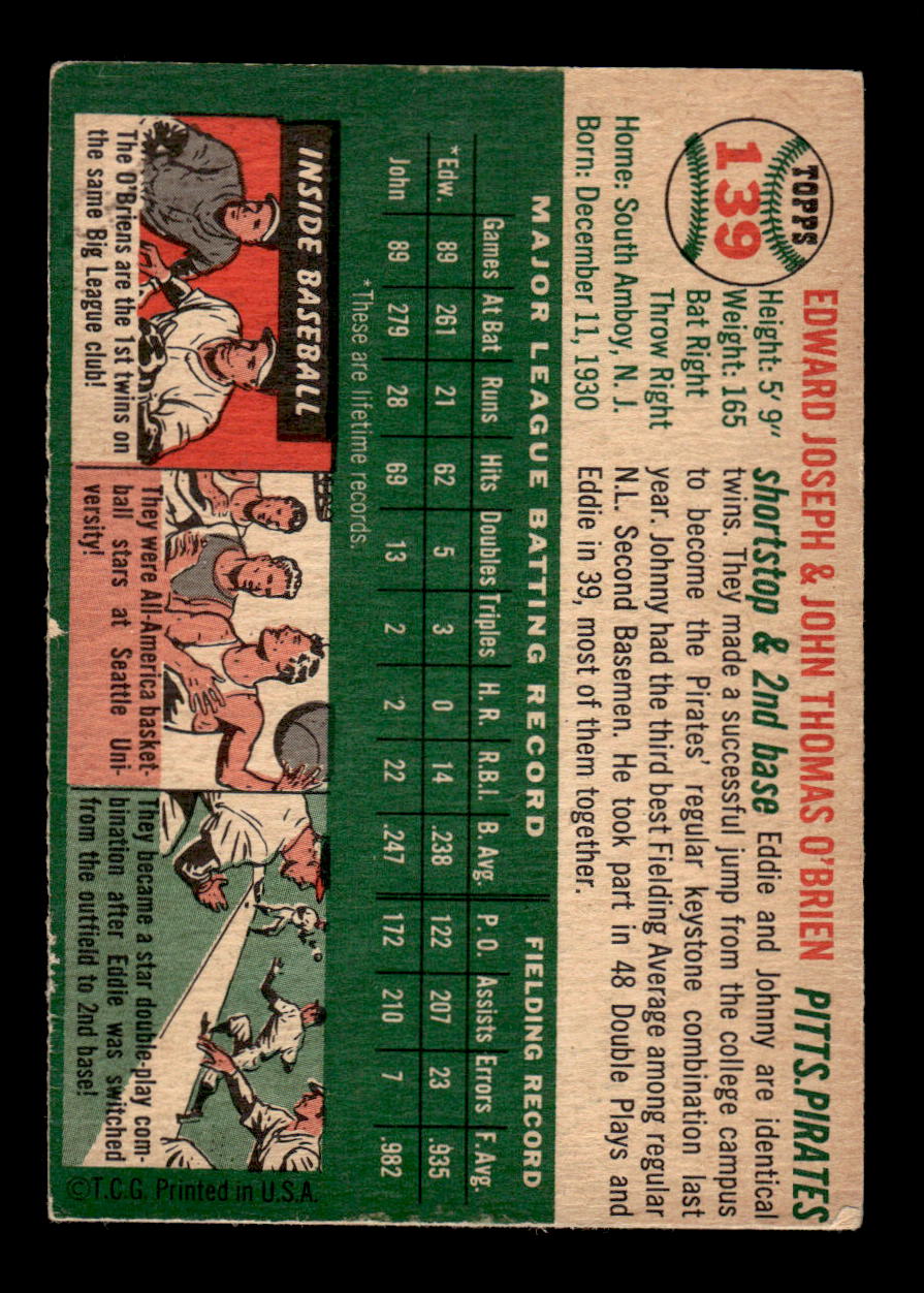 1954 Topps #139 Ed &amp; John O'Brien Pittsburgh Pirates VGEX HOF10010821