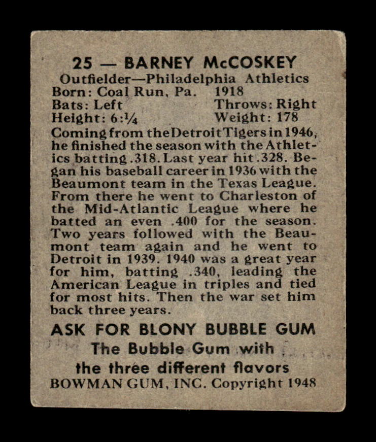 1948 Bowman #25 Barney McCosky Philadelphia Athletics VG HOF10010823