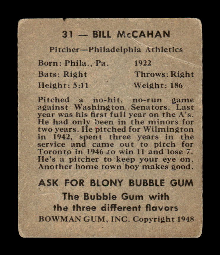 1948 Bowman #31 Bill McCahan Philadelphia Athletics VG HOF10010824