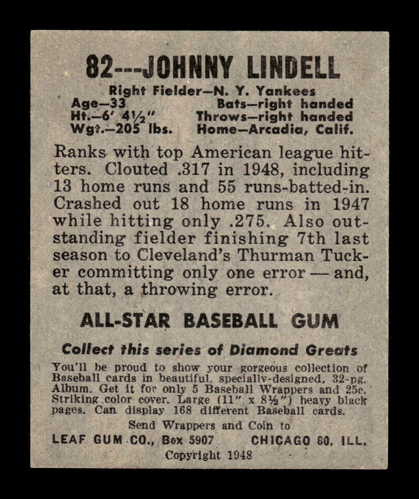 1948-49 Leaf #82 Johnny Lindell New York Yankees VGEX HOF10010830