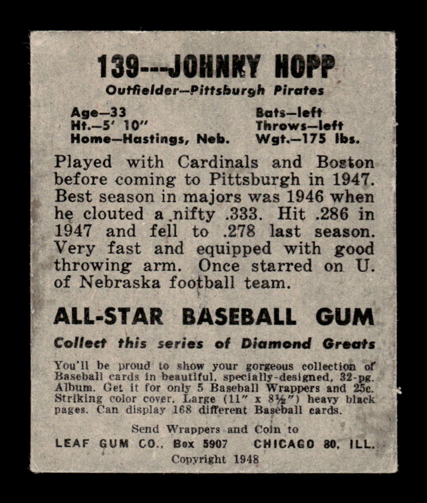 1948-49 Leaf #139 Johnny Hopp Pittsburgh Pirates VGEX HOF10010831