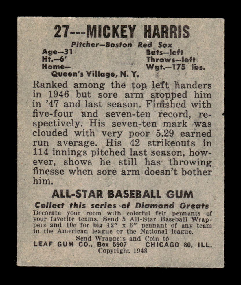 1948-49 Leaf #27 Mickey Harris Boston Red Sox VGEX HOF10010833