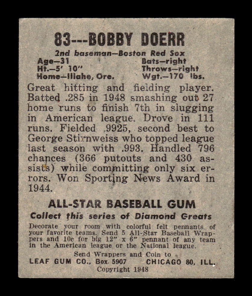 1948-49 Leaf #83 Bobby Doerr Boston Red Sox VGEX HOF10010835
