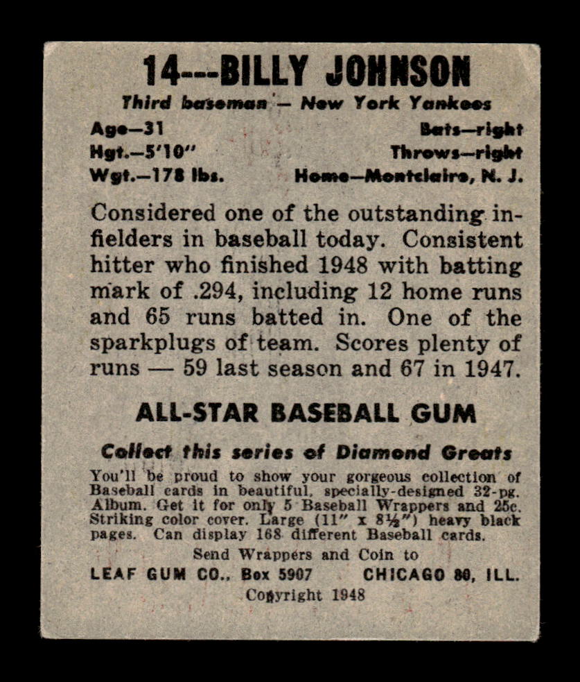 1948-49 Leaf #14 Billy Johnson New York Yankees VGEX HOF10010837