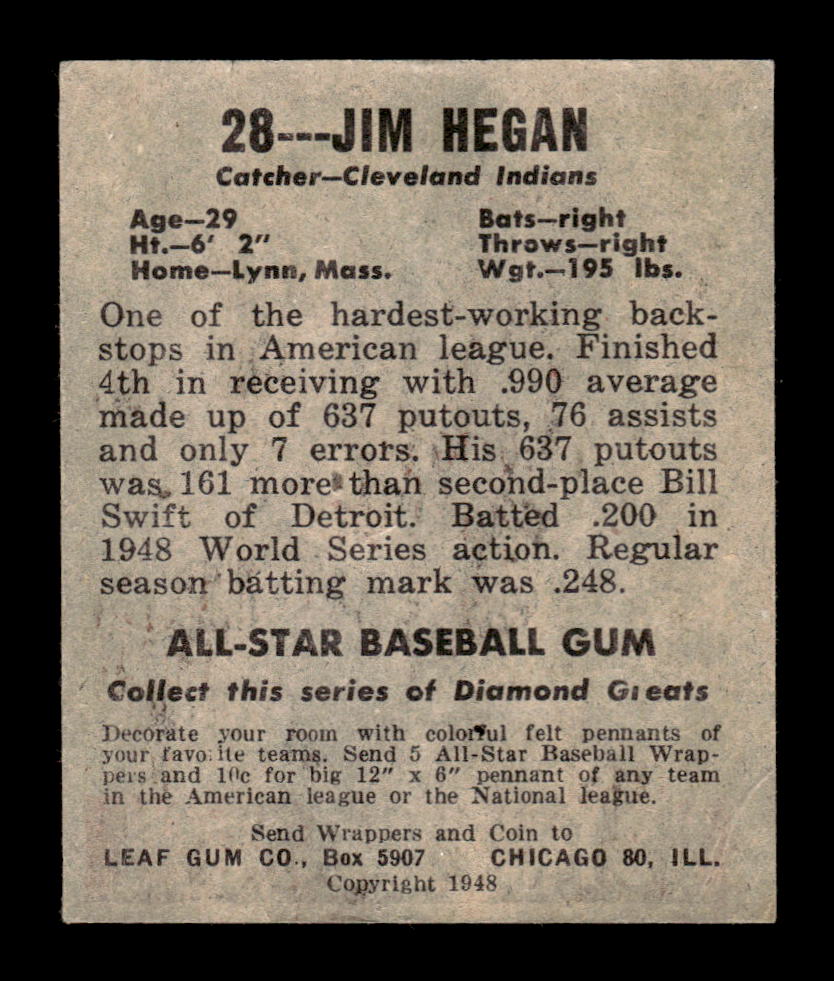 1948-49 Leaf #28 Jim Hegan Cleveland Indians VGEX HOF10010838